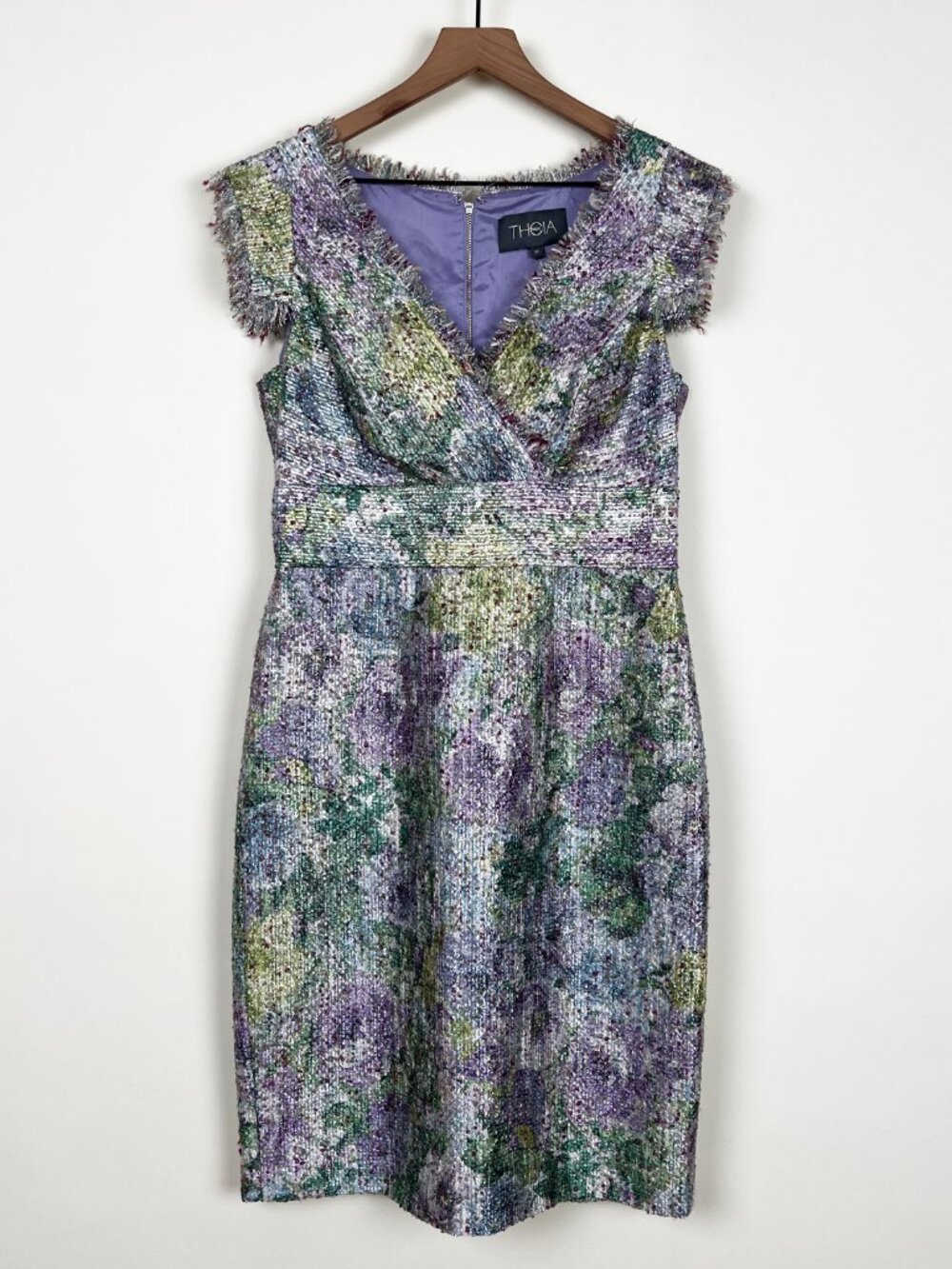 Theia Silk Monet Midi Dress Tweed Fringe Cocktail Wedding Guest Garden Party 10